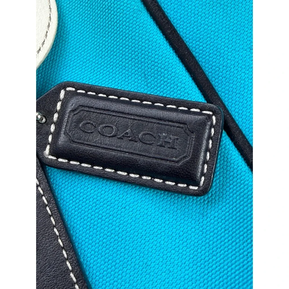 Coach Tote Bag Turquoise Canvas Black Leather CFDA Breast Cancer Charm - Picture 3 of 16
